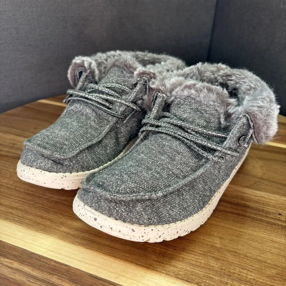 Hey Dude Britt Youth Grey Glitter Faux Fur Lined Ankle Boots